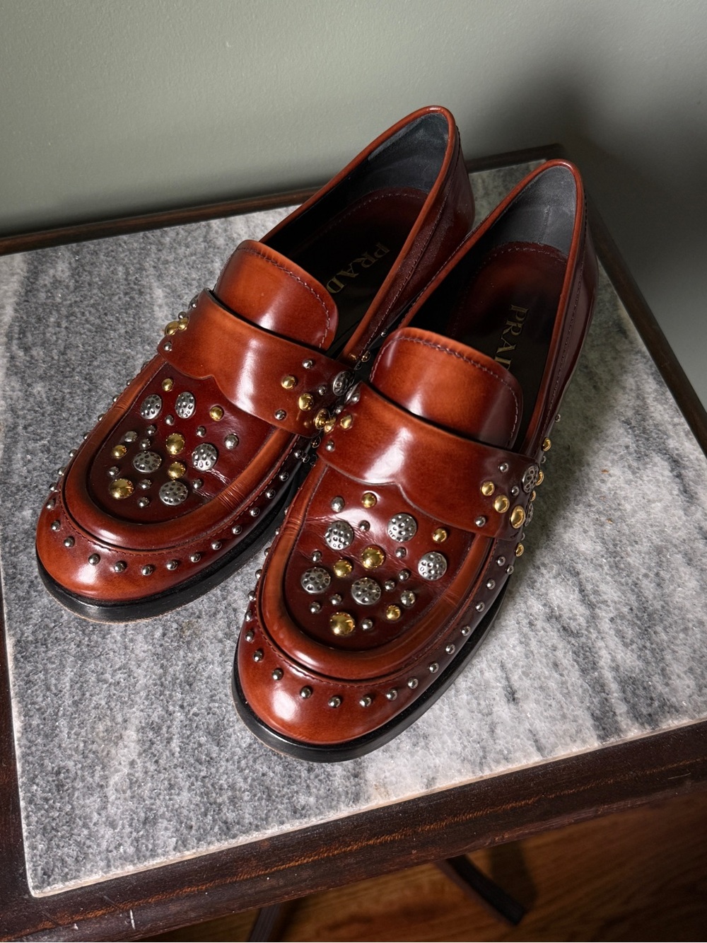 Prada Brown Leather Studded Loafers - Size 36.5 - Picture 1 of 8